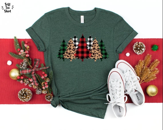 Women's Merry Christmas Shirt - Buffalo Plaid & Leopard Print Tree Holiday Top