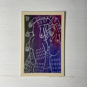 May include: A white line drawing of three figures on a purple, pink, and green background. The figures are drawn in a simple style and appear to be embracing each other.