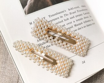 Pair of Rose Gold and Gold Detailed Leaf Pearl Hair Slides Grips Clip Pins Jewel