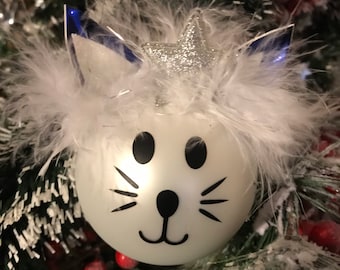 Custom glass Christmas ball, Cat for Boy model, gift idea. Inscription Name, first name, first Christmas. Christmas Decor