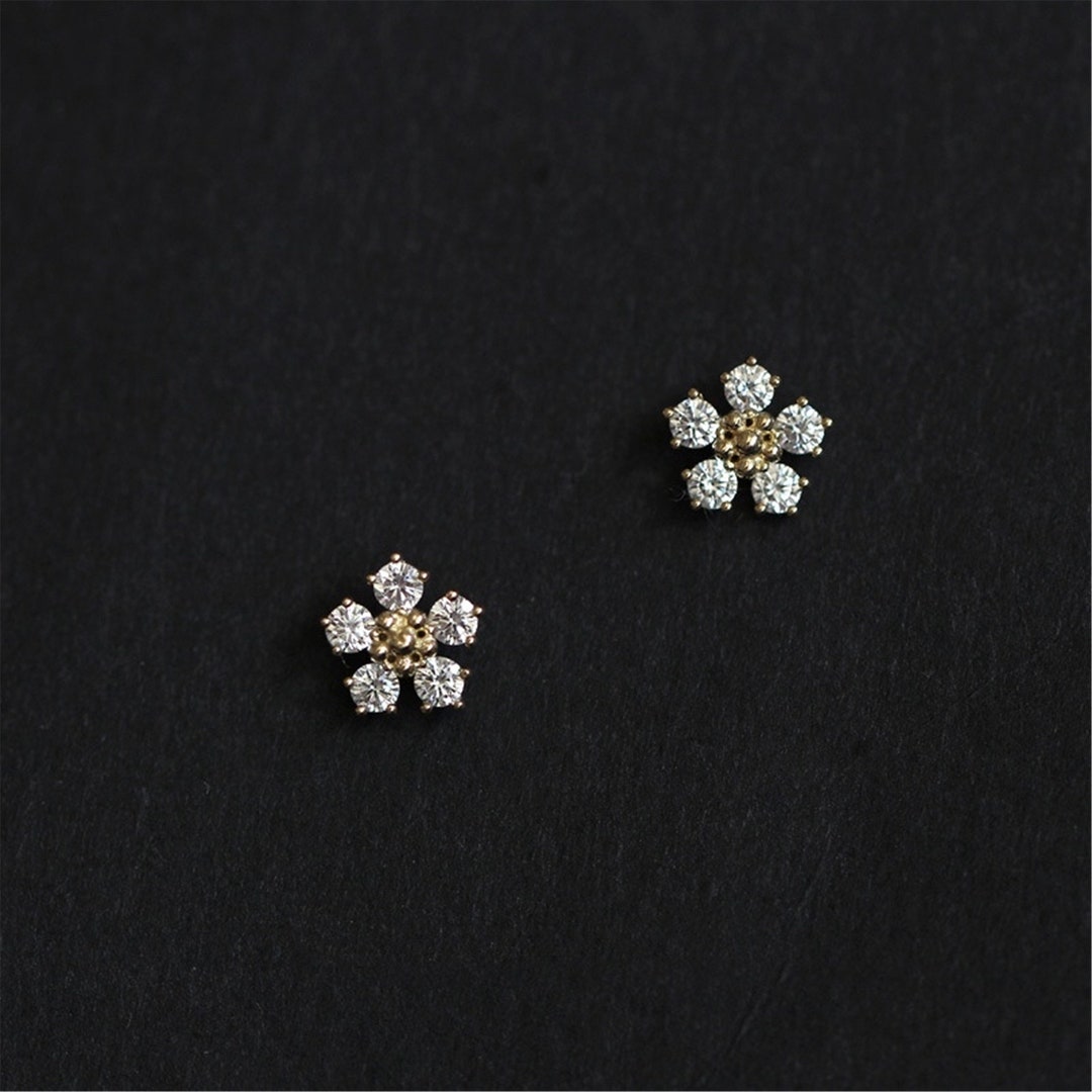 Tiny Gold Flower Studs Dainty Silver Zirconia Earrings CZ - Etsy