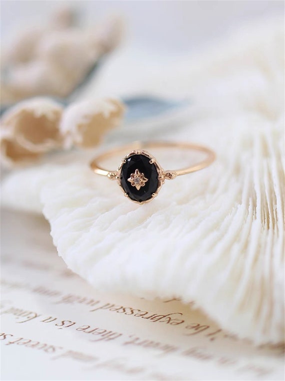 Dainty Black Onyx Ring Gemstone Ring Gold Minimalist Ring Etsy