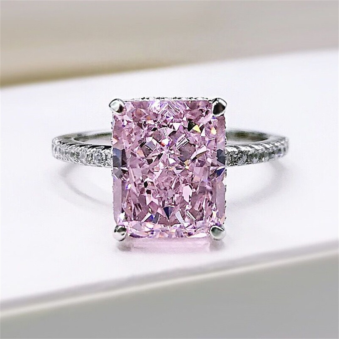Silver Radiant Cut Pink Crushed Ice Diamond Engagement Ring Etsy Canada