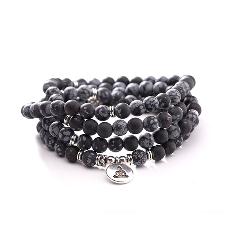 108 Mala Beads Necklace,Buddha Bracelet. Sknowflake Obsidian Stone Wrap Bracelet For Women,108 Mala Bracelet