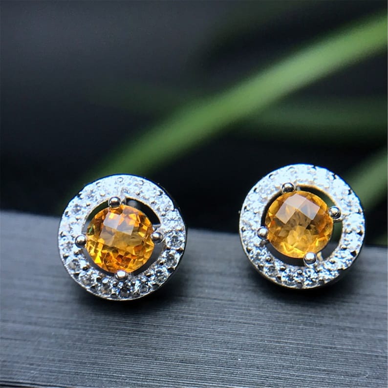 Sterling Silver Round Cut Citrine Stud Earrings 4MM Dainty Etsy