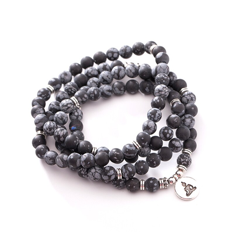 108 Mala Beads Necklace,Buddha Bracelet. Sknowflake Obsidian Stone Wrap Bracelet For Women,108 Mala Bracelet
