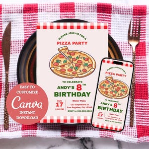 Retro Pizza Party Einladung digitale Pizza Geburtstag einladen Vorlage Fun Pizza Party Design Pizza Geburtstagsparty Einladung Printables