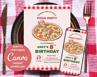 Puede incluir: Una invitación a una fiesta de pizza y una maqueta de teléfono con un diseño de pizza. La invitación y el teléfono muestran el texto "Please join us for a pizza party" y "Andy's 8th Birthday". El diseño incluye un borde a cuadros rojo y blanco.