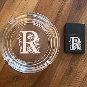 Decorative Initial Personalized Etched Engraved Round Cigarettes Ashtray, Birthday Gifts, Etched Glass, Round Ashtray DM885