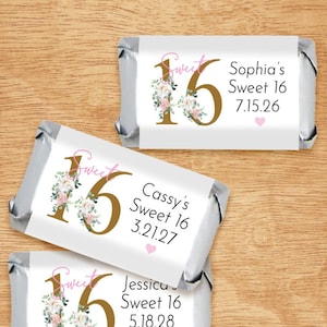 Set of 30 Sweet 16 Flowers Personalized Hershey&#39;s Miniatures with Labels, 16th Birthday Personalized Hershey&#39;s Mini Edible Favors DM106