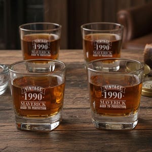 Vintage Aged To Perfection Personalized Engraved Square Whiskey Rocks Glass, Milestone Birthday Gifts DM882-ZI