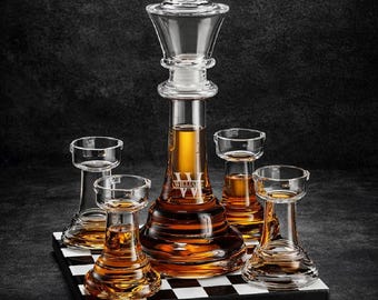 Chess Engraved Personalized Whiskey Decanter and Whiskey Glasses Gift Set