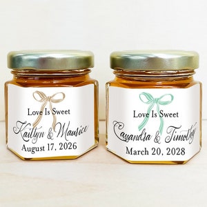 Set of 12 Whimsical Bow Personalized Mini Honey Jar Favors, Honey Jars Wedding Favors DM218