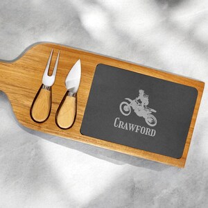 Personalized Motorcycle Rider Slate Cheese Board: Acacia Wood Paddle