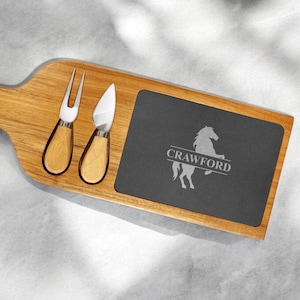Personalized Equestrian Slate Cheese Board: Acacia Wood Paddle