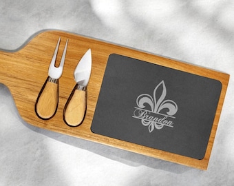 Fleur de Lis Personalized Wine and Cheese Slate & Wood Paddle Cheese Board, Cutting Board Gifts, Fleur de Lis Gifts ED51F
