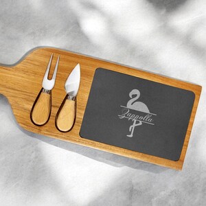 Personalized Flamingo Slate Cheese Board: Acacia Wood Paddle