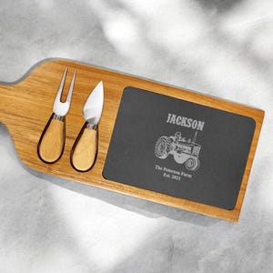 Personalized Tractor Wine and Cheese Board: Slate & Acacia Wood Paddle