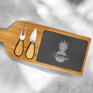Personalized Pineapple Cheese Board: Slate & Acacia Wood Paddle with Knives
