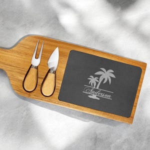 Personalized Palm Tree Slate Cheese Board: Acacia Wood Paddle, Tropical Gift