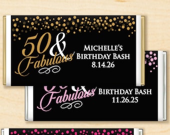 Set of 12 Birthday 50 and Fabulous Personalized Wrapper with Hershey Chocolate Bar Favors, Birthday Favors, Birthday Favors DM812