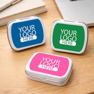 Set of 10 Personalized White Mint Tin Favor Boxes: Custom Logo