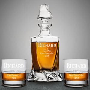 Elegant Personalized Classy Twisted Whiskey Decanter or Whiskey Rock Glass, Engraved Whiskey Decanter Set, Dad&#39;s Gift DM64