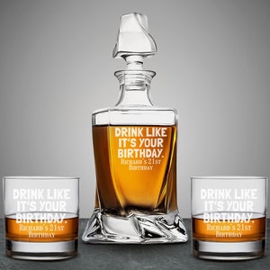 Drink Like It&#39;s Your Birthday Personalized Classy Twisted Whiskey Decanter or Whiskey Rock Glass, Engraved Whiskey Decanter Set DM64
