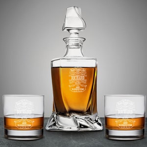Aged to Perfection Happy Father&#39;s Day Personalized Classy Twisted Whiskey Decanter or Whiskey Rock Glass, Engraved Whiskey Decanter Set DM64