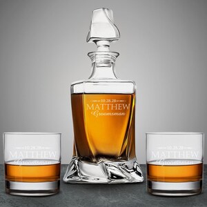 Vintage Style Personalized Classy Twisted Whiskey Decanter or Whiskey Rock Glass, Engraved Whiskey Decanter Set DM882