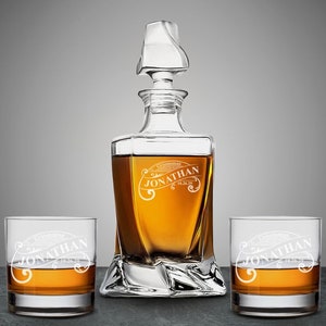 Vintage Design Personalized Classy Twisted Whiskey Decanter or Whiskey Rock Glass, Engraved Whiskey Decanter Set DM882