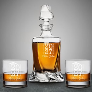 Class of 2025 Design Personalized Classy Twisted Whiskey Decanter or Whiskey Rock Glass, Engraved Whiskey Decanter Set, Dad&#39;s Gift DM02