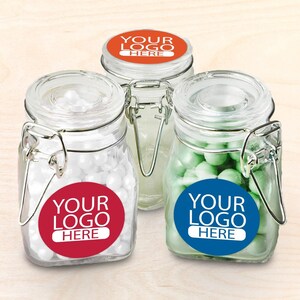 Set of 12 Your Business Logo Design Supplied Personalized Apothecary Glass Jar Favors with Labels, Personalized Jar Bottle Party Favors