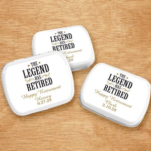 Set of 10 The Legend Has Retired Personalized Retirement White Mint Tin Favors, Retirement Retired Personalized Empty Mint Tins Favors DM105
