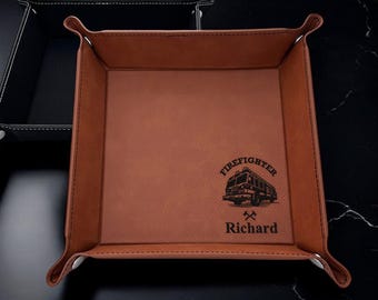 Firefighter Personalized Leather Square Valet Tray Organizer, Firefighter Gifts DM123
