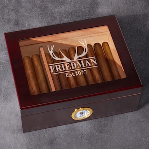 Hunting Personalized Etched Engraved Cherry Wood Cigar Humidor 50 Count Cigar Box, Hunting Gifts, Best Gifts for Hunters DM883