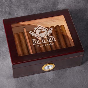 Plumber Personalized Engraved Cherry Wood Cigar Humidor 50 Count Cigar Box, Plumbers&#39; Gifts, Gifts for Plumbers DM30