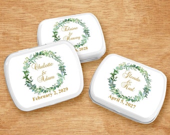 Set of 12 Love Wreath Personalized Wedding Empty White Mint Tin Favors, Love Wreath Wedding Personalized Mint Tins with Labels Set DM93