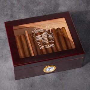 Motorcycle Bike Rider Personalized Engraved Cherry Wood Cigar Humidor 50 Count Cigar Box, Gifts For Motorcycle Lovers DM228