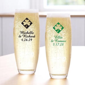 Set of 24 Irish Shamrock Personalized Stemless Champagne Flute Favors, Irish Party Stemless Champagne Favors, Irish Wedding Favors DM27
