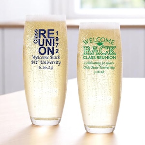Set of 24 Class Reunion Personalized Stemless Champagne Flutes Favors, School Reunion Gifts, Class Reunion Party Favors DM568