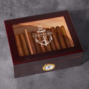 Anchor Personalized Engraved Cherry Wood Cigar Humidor 50 Count Cigar Box, Sailor Gift, Nautical Anchor Gift ED51X