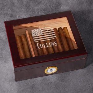 American Flag Personalized Engraved Cherry Wood Cigar Humidor 50 Count Cigar Box, All-American Gift Idea, Patriotic Gift DM64-B8