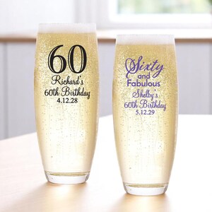 Set of 24 Birthday 60th Sixty Personalized Stemless Champagne Flute Favors, Birthday Party Stemless Champagne Favors DM15