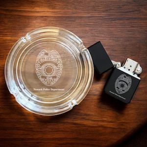 Police Badge Personalized Etched Engraved Round Cigarettes Ashtray, Round Ashtray, Gifts for Police & Law Enforcement DM103