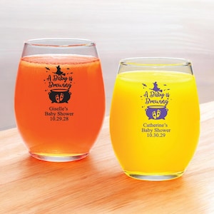 Set of 24 A Baby is Brewing Halloween Baby Shower Custom Stemless 9 Ounce Wine Glass Party Favors, Baby Shower Party Favors DM566