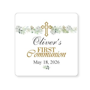 Set of 24 First Communion Flowers Personalized Square Labels for Favors, Cross First Communion Personalized Labels DM111