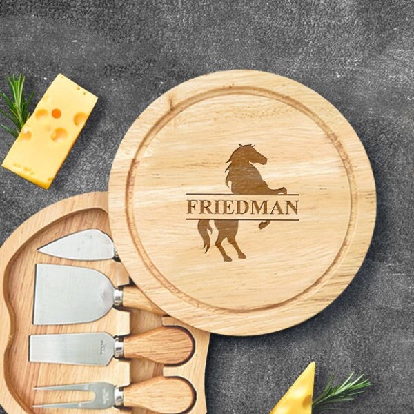Equestrian Horse Personalized Engraved Swivel Top Cheese Board and Knife Gift Sets, Personalized Horse Rider Charcuterie Boards Gifts DM52