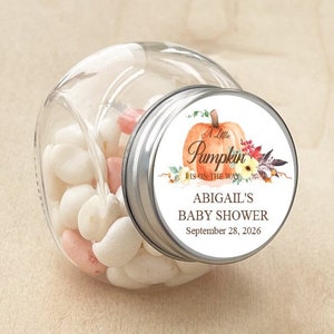 Set of 12 Mini Candy Personalized A Little Pumpkin is on the Way Favors with Labels, Baby Shower Favors, Mini Round Candy Jars DM119