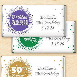 Set of 12 Birthday Favors, 50th Birthday Personalized Chocolate Bar Wrapper, Fiftieth Birthday Wrapper with Hershey Chocolate Bar DM13